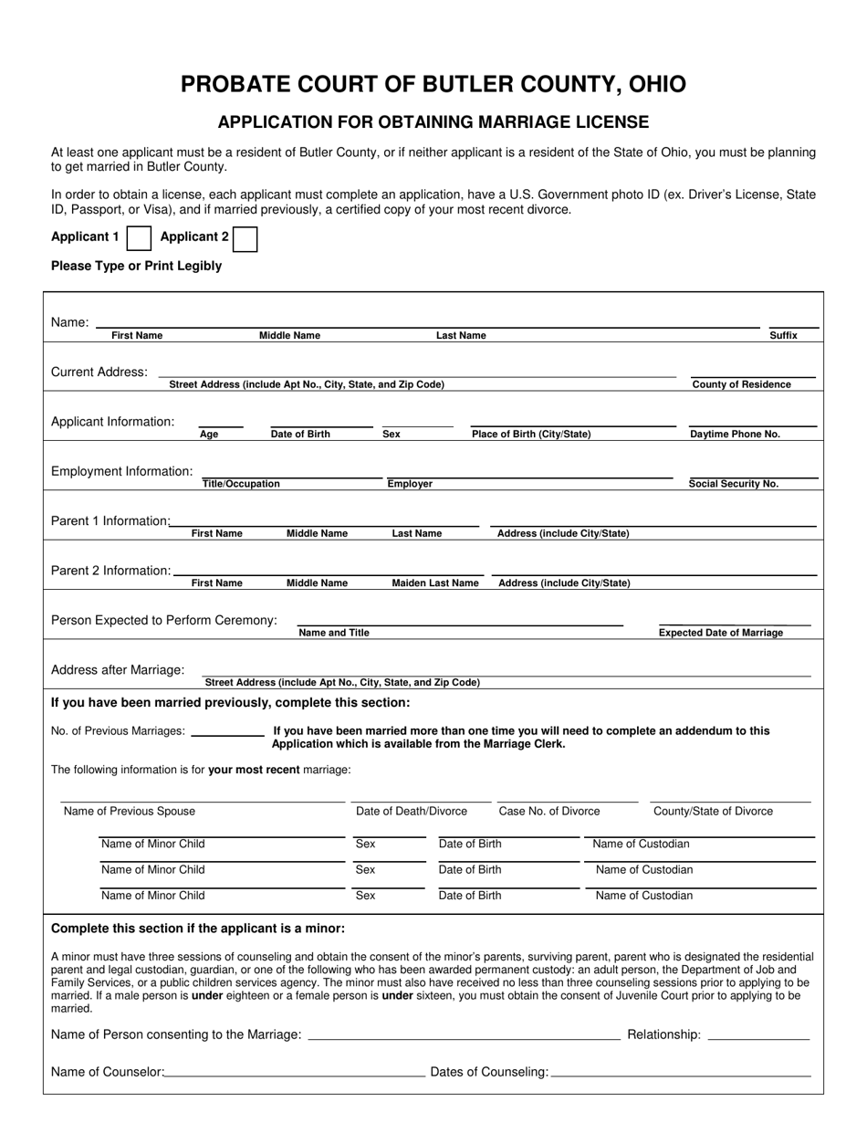Application for Obtaining Marriage License - Butler County, Ohio, Page 1