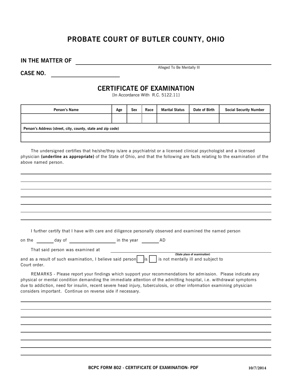BCPC Form 802 Certificate of Examination - Butler County, Ohio, Page 1