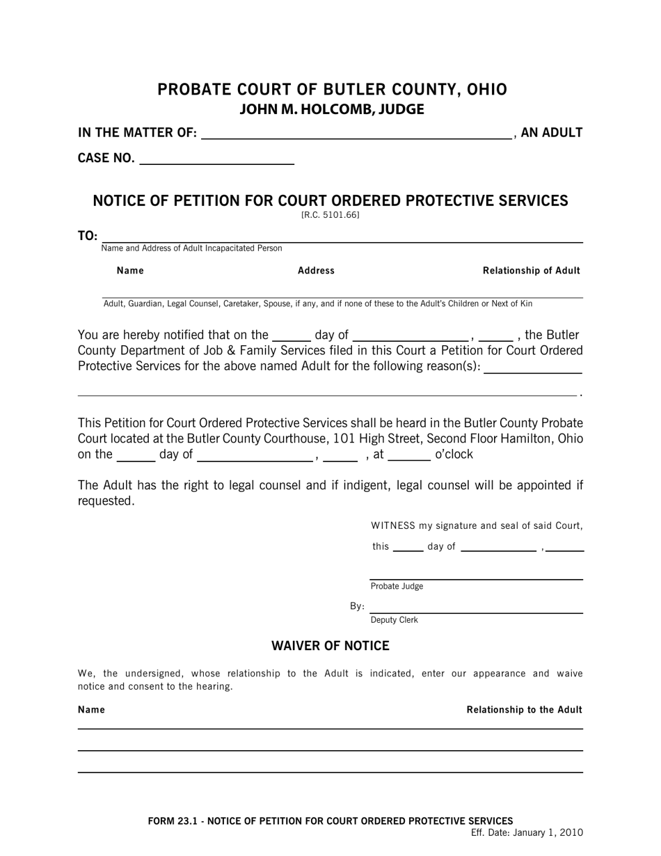 BCPC Form 23.1 Notice of Petition for Court Ordered Protective Services - Butler County, Ohio, Page 1
