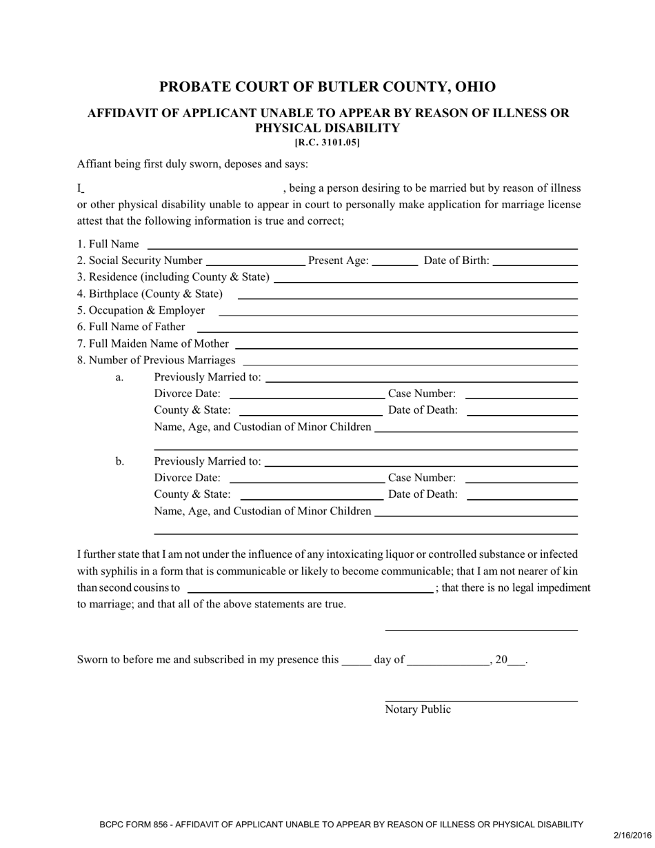 BCPC Form 856 Affidavit of Applicant Unable to Appear by Reason of Illness or Physical Disability - Butler County, Ohio, Page 1