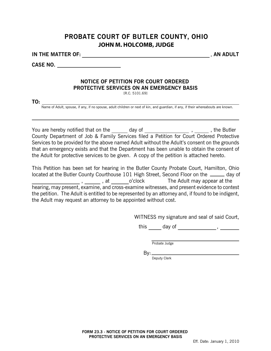 Form 23.3 Notice of Petition for Court Ordered Protective Services on an Emergency Basis - Butler County, Ohio, Page 1