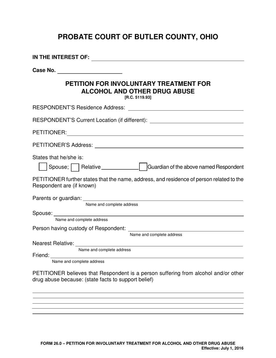 Form 26.0 Petition for Involuntary Treatment of Alcohol and Other Drug Abuse - Butler County, Ohio, Page 1