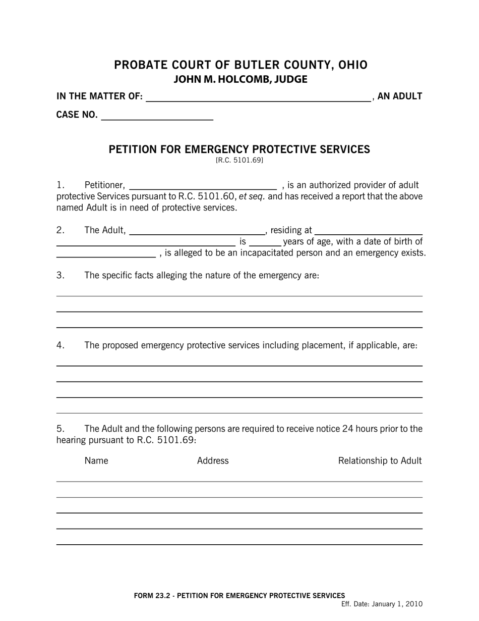 Form 23.2 Petition for Emergency Protective Services - Butler County, Ohio, Page 1