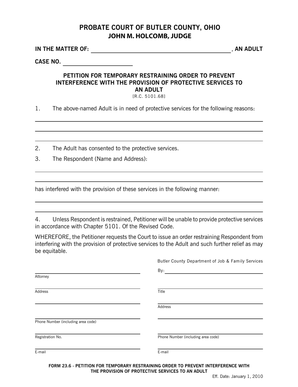 Form 23.6 Petition for Temporary Restraining Order to Prevent Interference With the Provision of Protective Services to an Adult - Butler County, Ohio, Page 1