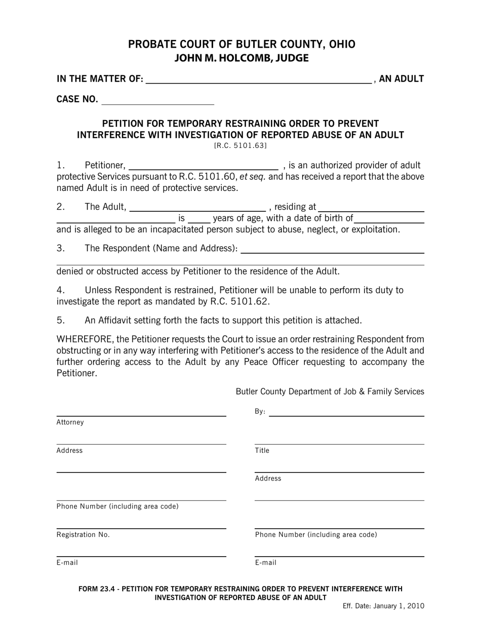 Form 23.4 Petition for Temporary Restraining Order to Prevent Interference With Investigation of Reported Abuse of an Adult - Butler County, Ohio, Page 1