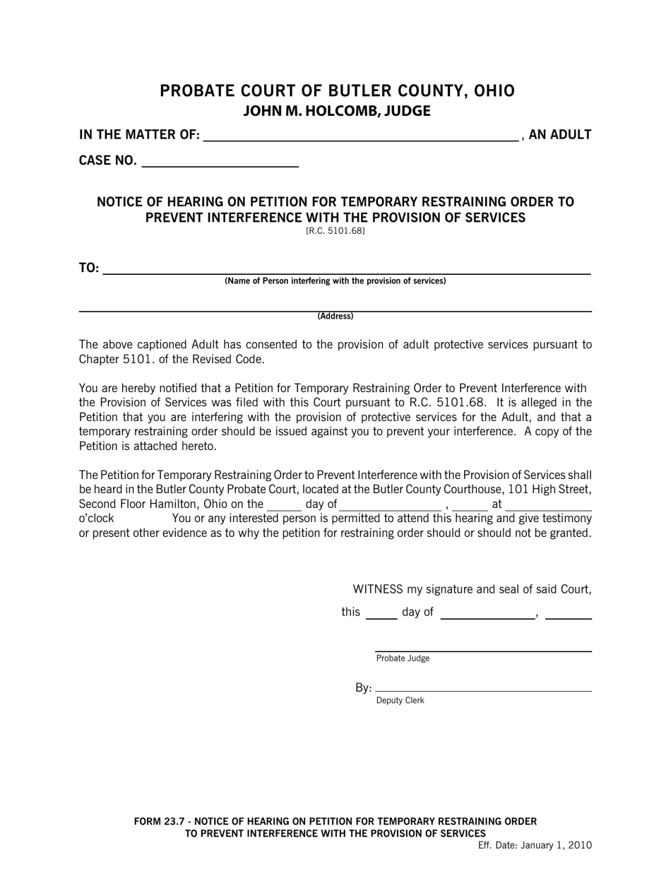 Form 23.7 Notice of Hearing on Petition for Temporary Restraining Order to Prevent Interference With the Provision of Protective Services - Butler County, Ohio, Page 1