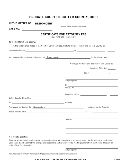 BCPC Form 817C Certificate for Attorney Fee - Butler County, Ohio