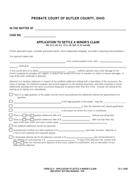 Document preview: Form 22.0 Application to Settle a Minor's Claim and Entry Setting Hearing - Butler County, Ohio