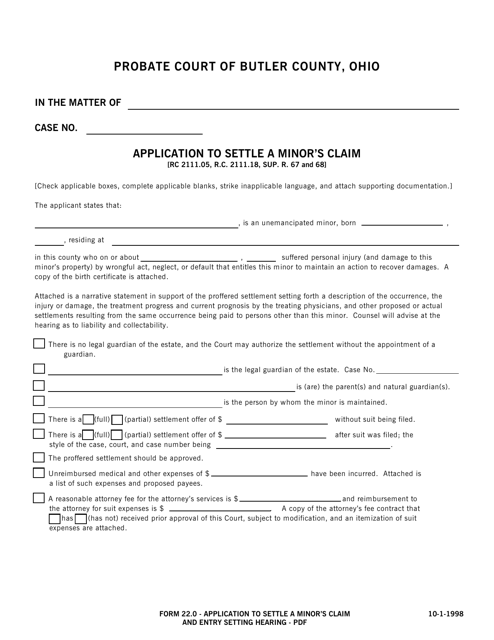 Form 22.0 Application to Settle a Minor's Claim and Entry Setting Hearing - Butler County, Ohio