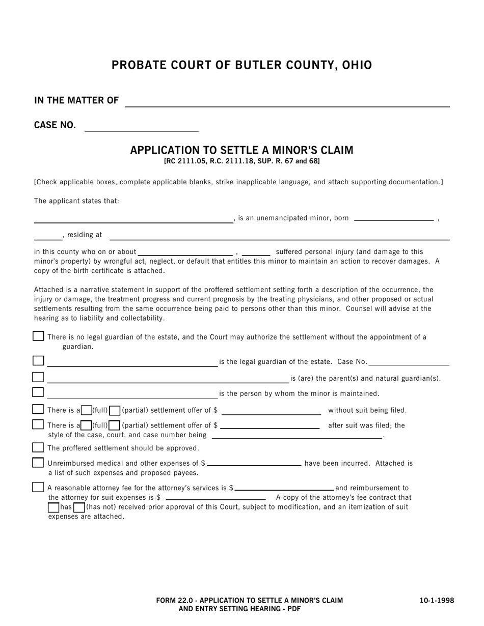 Form 22.0 Application to Settle a Minors Claim and Entry Setting Hearing - Butler County, Ohio, Page 1