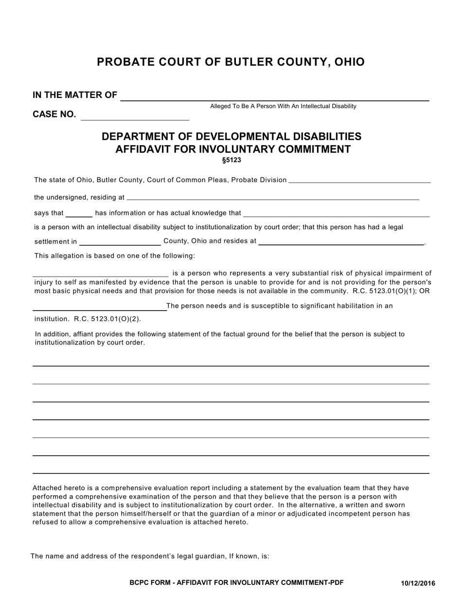 BCPC Form 801R Affidavit for Involuntary Commitment - Butler County, Ohio, Page 1