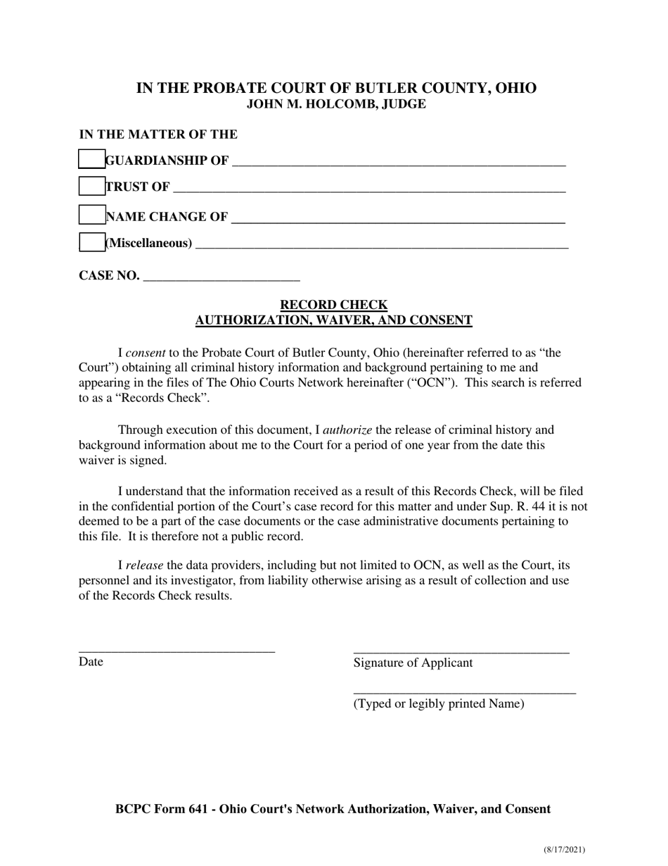 BCPC Form 641 Record Check, Authorization, Waiver and Consent - Butler County, Ohio, Page 1