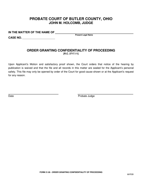 Form 21.06 Order Granting Confidentiality of Proceeding - Butler County, Ohio