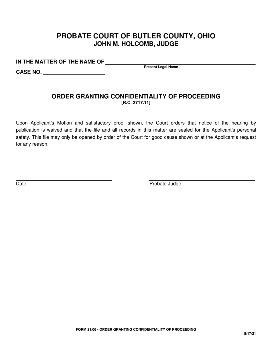 Form 21.06 Order Granting Confidentiality of Proceeding - Butler County, Ohio, Page 1