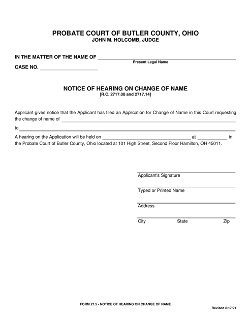 Form 21.5 Notice of Hearing on Change of Name - Butler County, Ohio