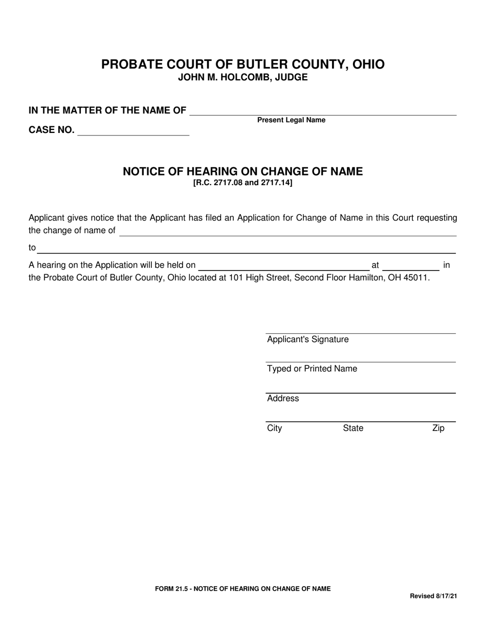 Form 21.5 Notice of Hearing on Change of Name - Butler County, Ohio, Page 1
