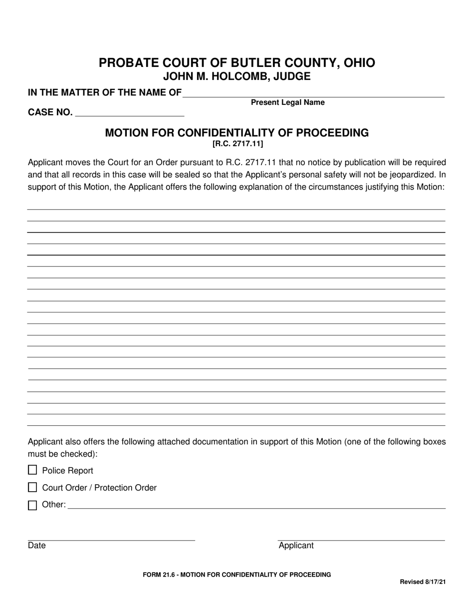 Form 21.6 Motion for Confidentiality of Proceeding - Butler County, Ohio, Page 1