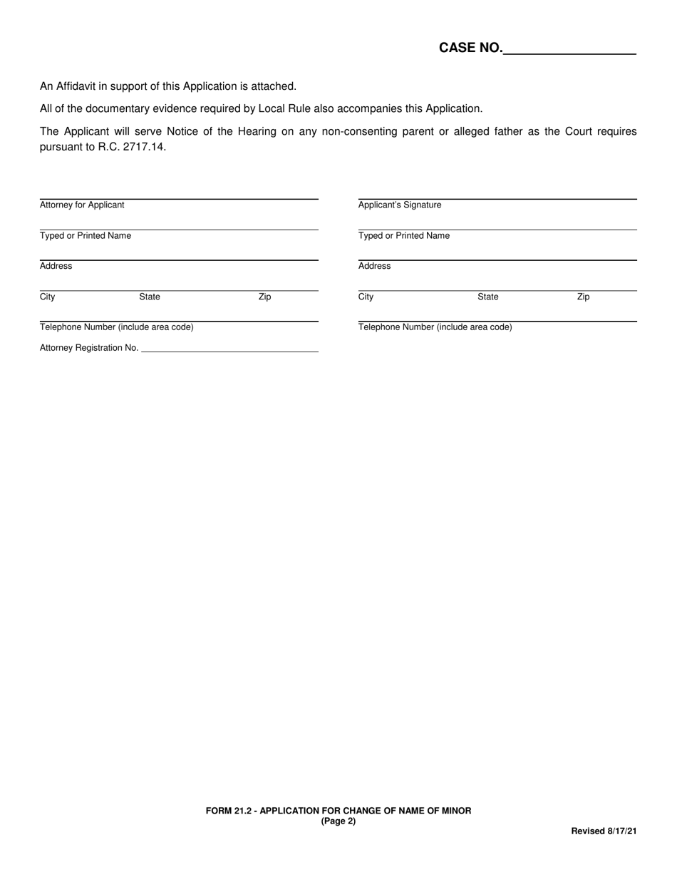 Form 21.2 Application for Change of Name of Minor - Butler County, Ohio, Page 2