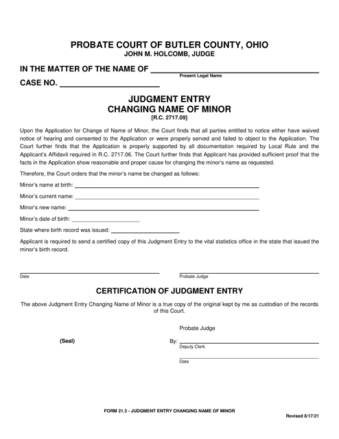 Form 21.3 Judgment Entry Changing Name of Minor - Butler County, Ohio