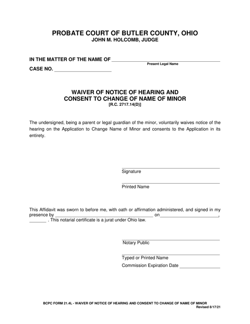 BCPC Form 21.4L Waiver of Notice of Hearing and Consent to Change of Name of Minor - Butler County, Ohio
