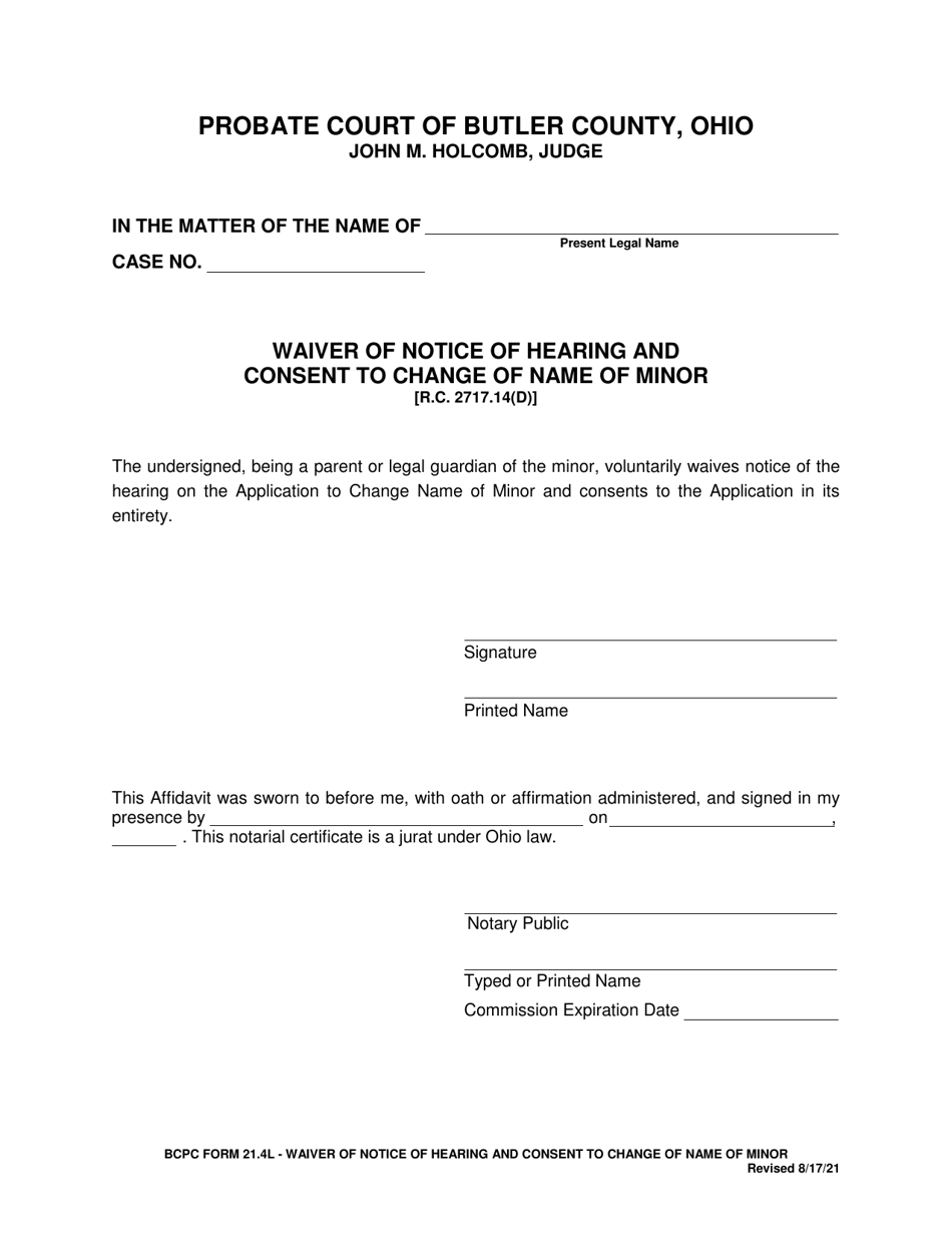 BCPC Form 21.4L Waiver of Notice of Hearing and Consent to Change of Name of Minor - Butler County, Ohio, Page 1