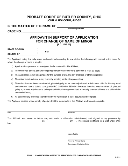 Form 21.02 Affidavit in Support of Application for Change of Name of Minor - Butler County, Ohio