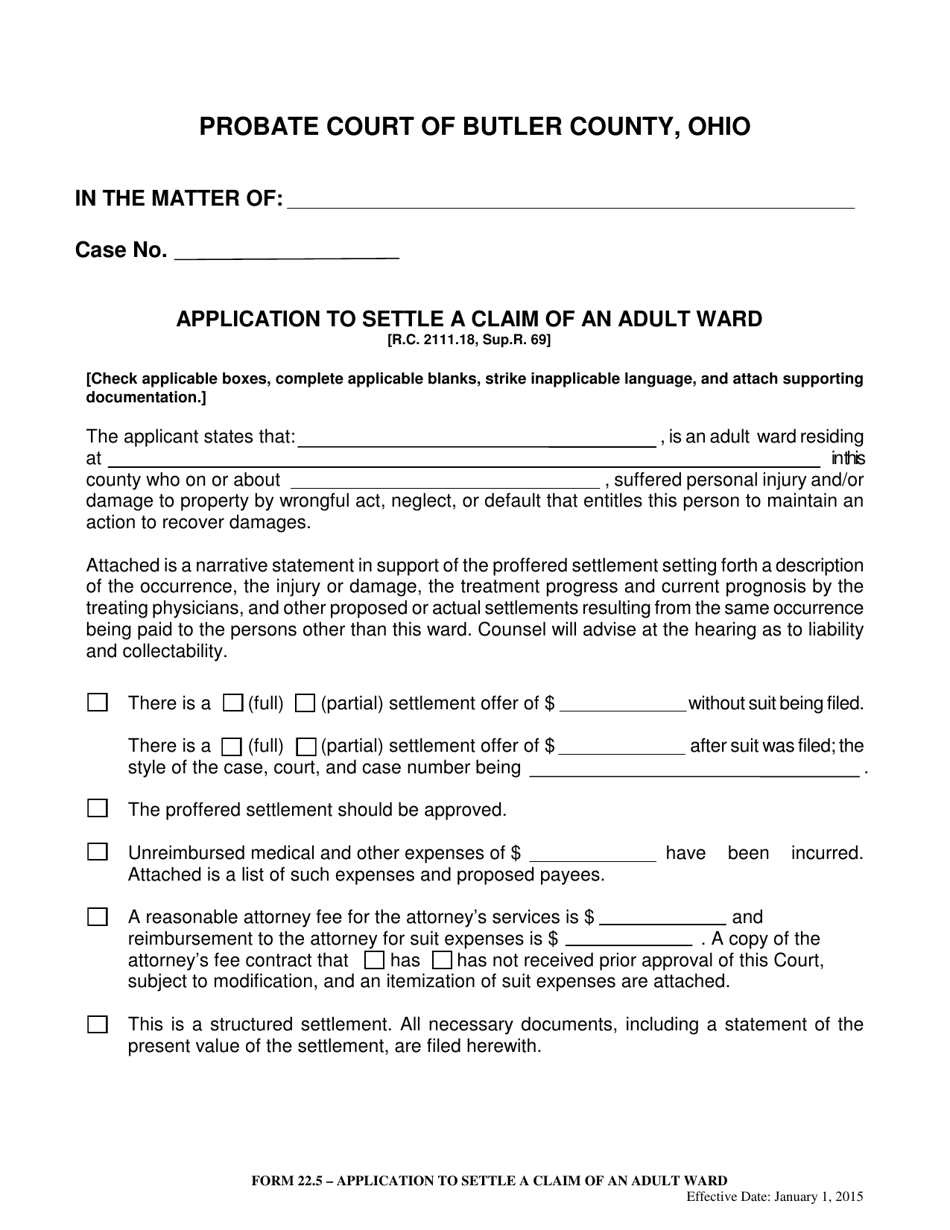 Form 22.5 Application to Settle a Claim of an Adult Ward - Butler County, Ohio, Page 1