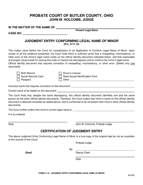 Form 21.10 Judgment Entry Conforming Legal Name of Minor - Butler County, Ohio