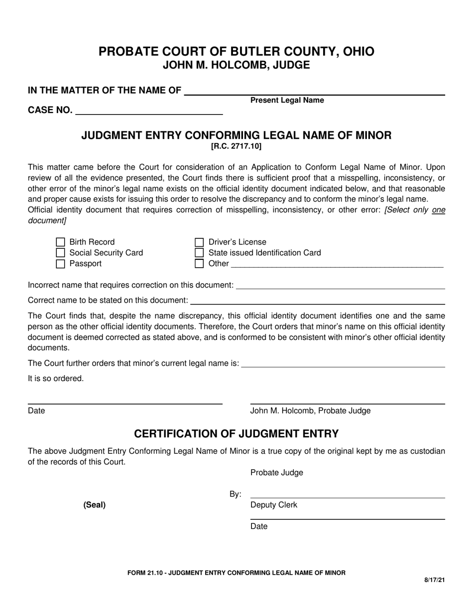 Form 21.10 Judgment Entry Conforming Legal Name of Minor - Butler County, Ohio, Page 1