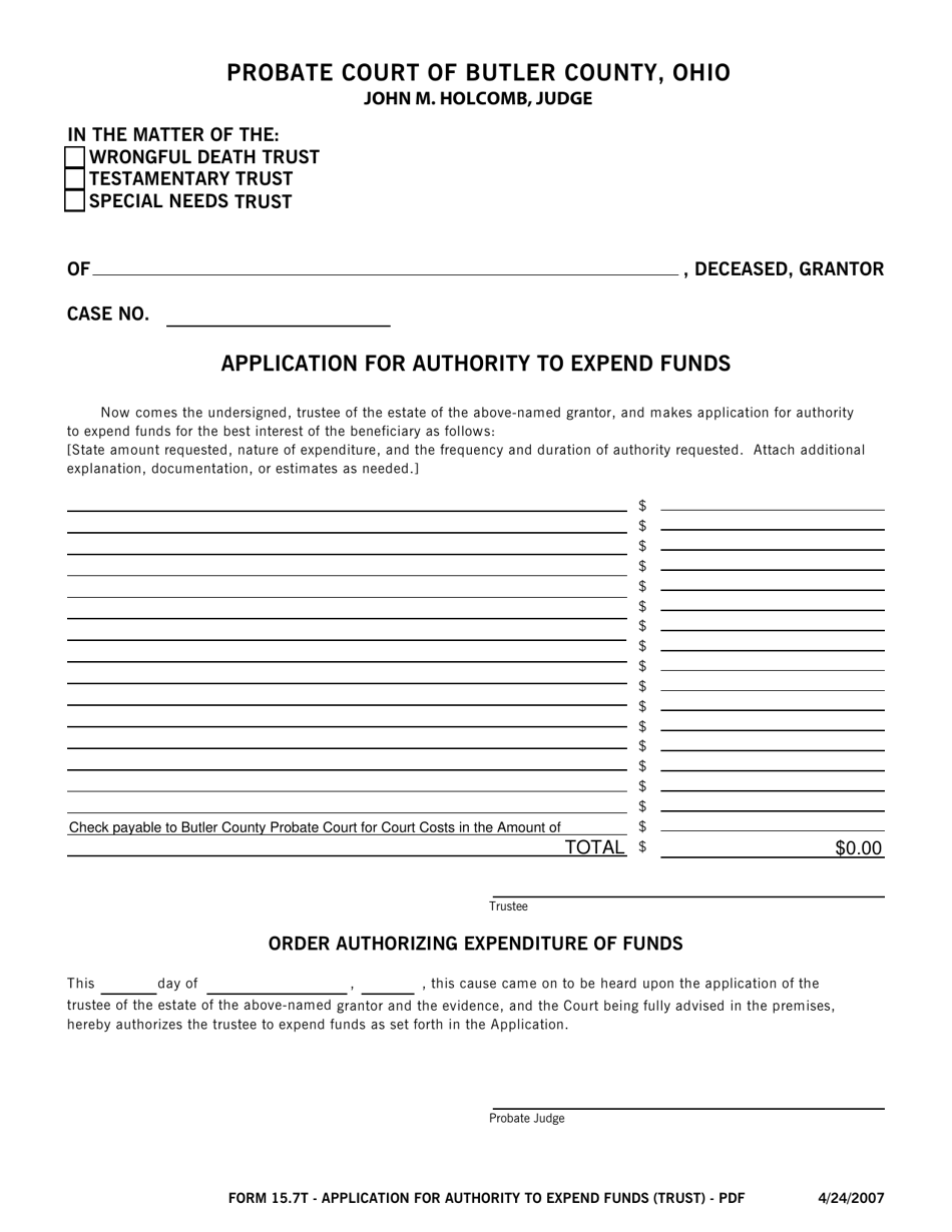 Form 15.7T Application for Authority to Expend Funds (Trust) - Butler County, Ohio, Page 1