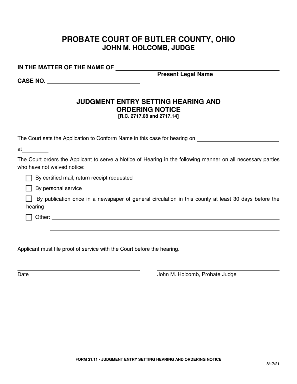 Form 21.11 Judgment Entry Setting Hearing and Ordering Notice - Butler County, Ohio, Page 1