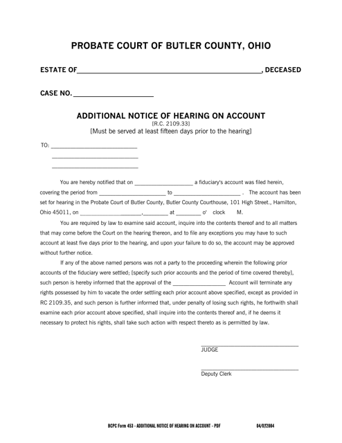BCPC Form 453 Additional Notice of Hearing on Account - Butler County, Ohio