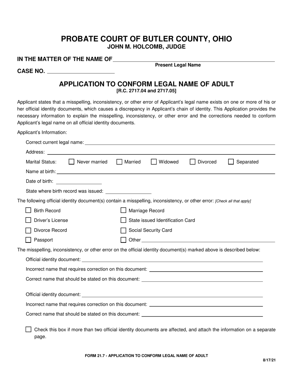 Form 21.7 Application to Conform Legal Name of Adult - Butler County, Ohio, Page 1