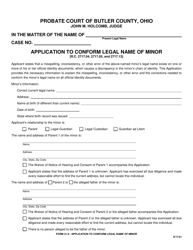Document preview: Form 21.9 Application to Conform Legal Name of Minor - Butler County, Ohio