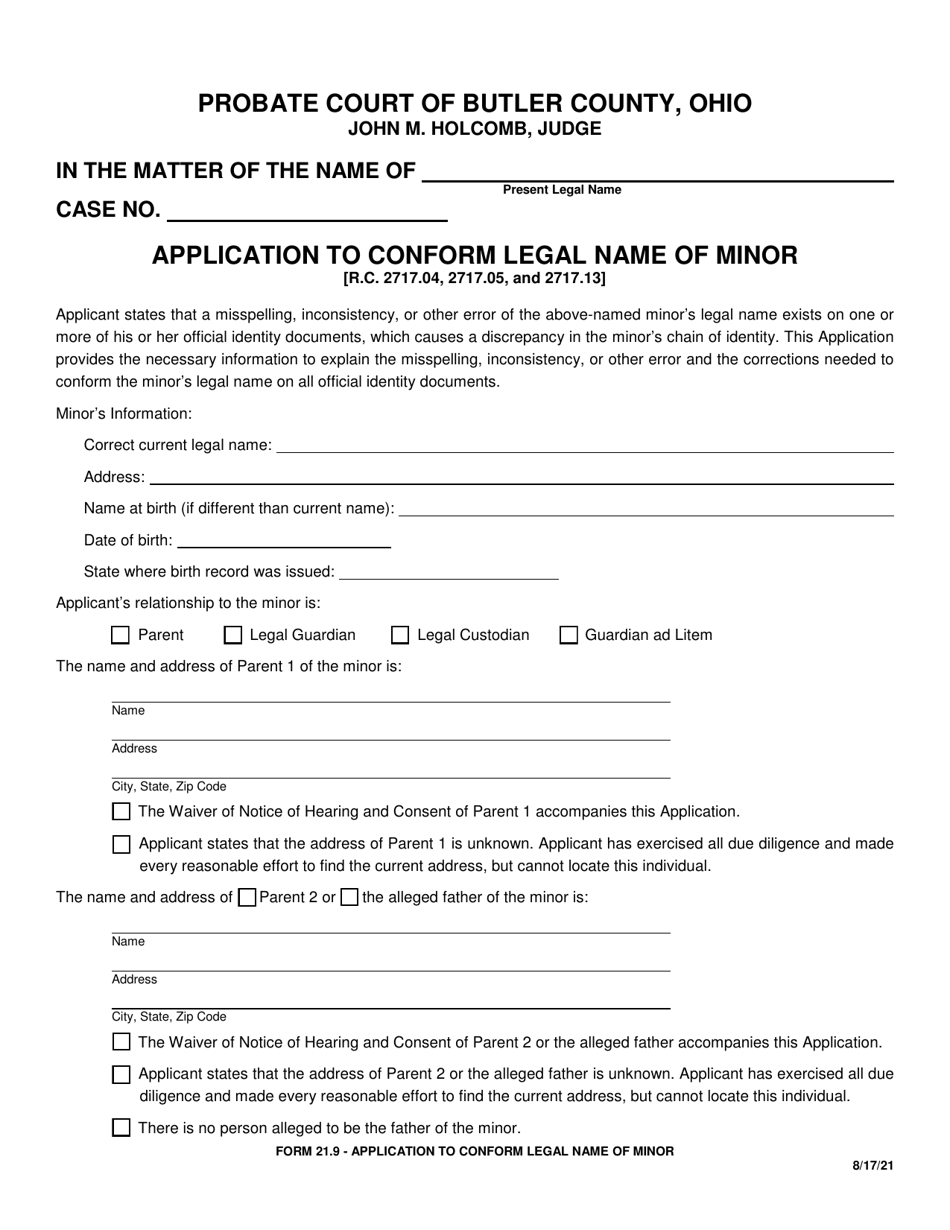 Form 21.9 Application to Conform Legal Name of Minor - Butler County, Ohio, Page 1