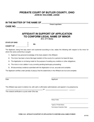 Document preview: Form 21.09 Affidavit in Support of Application to Conform Legal Name of Minor - Butler County, Ohio