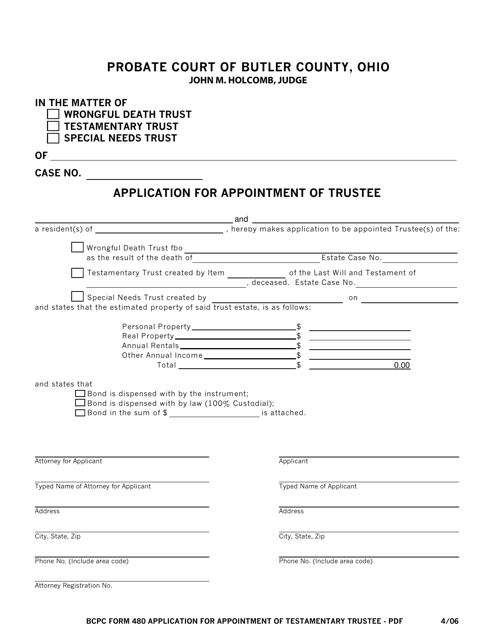 BCPC Form 480 Application for Appointment of Trustee - Butler County, Ohio