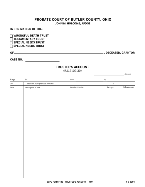 BCPC Form 486 Trustee's Account - Butler County, Ohio