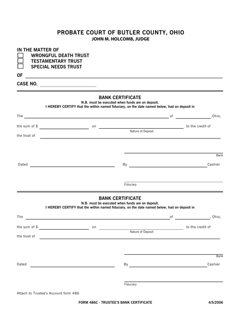 BCPC Form 486C Trustee's Bank Certificate - Butler County, Ohio