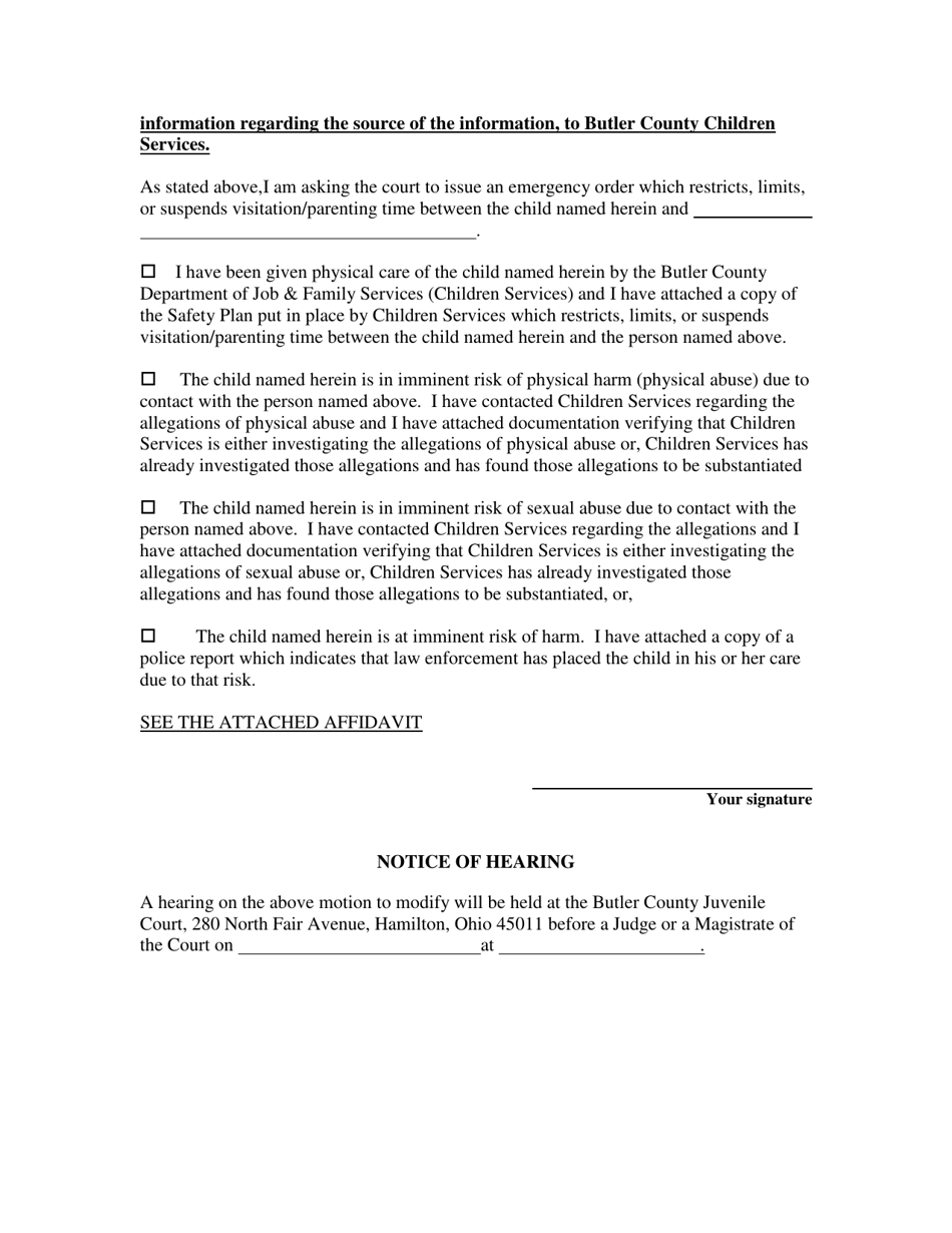 Motion for an Emergency Order to Restrict Visitation / Parenting Time and / or Hearing - Butler County, Ohio, Page 6