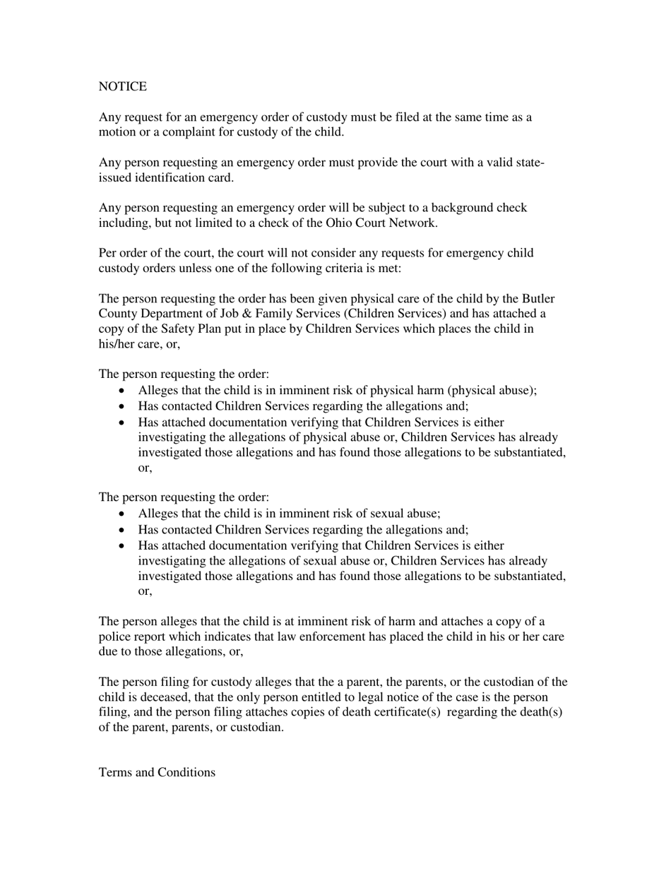 Butler County, Ohio Motion for an Emergency Order of Custody and/or ...