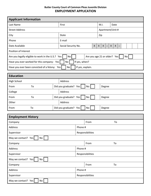 Employment Application - Butler County, Ohio Download Pdf