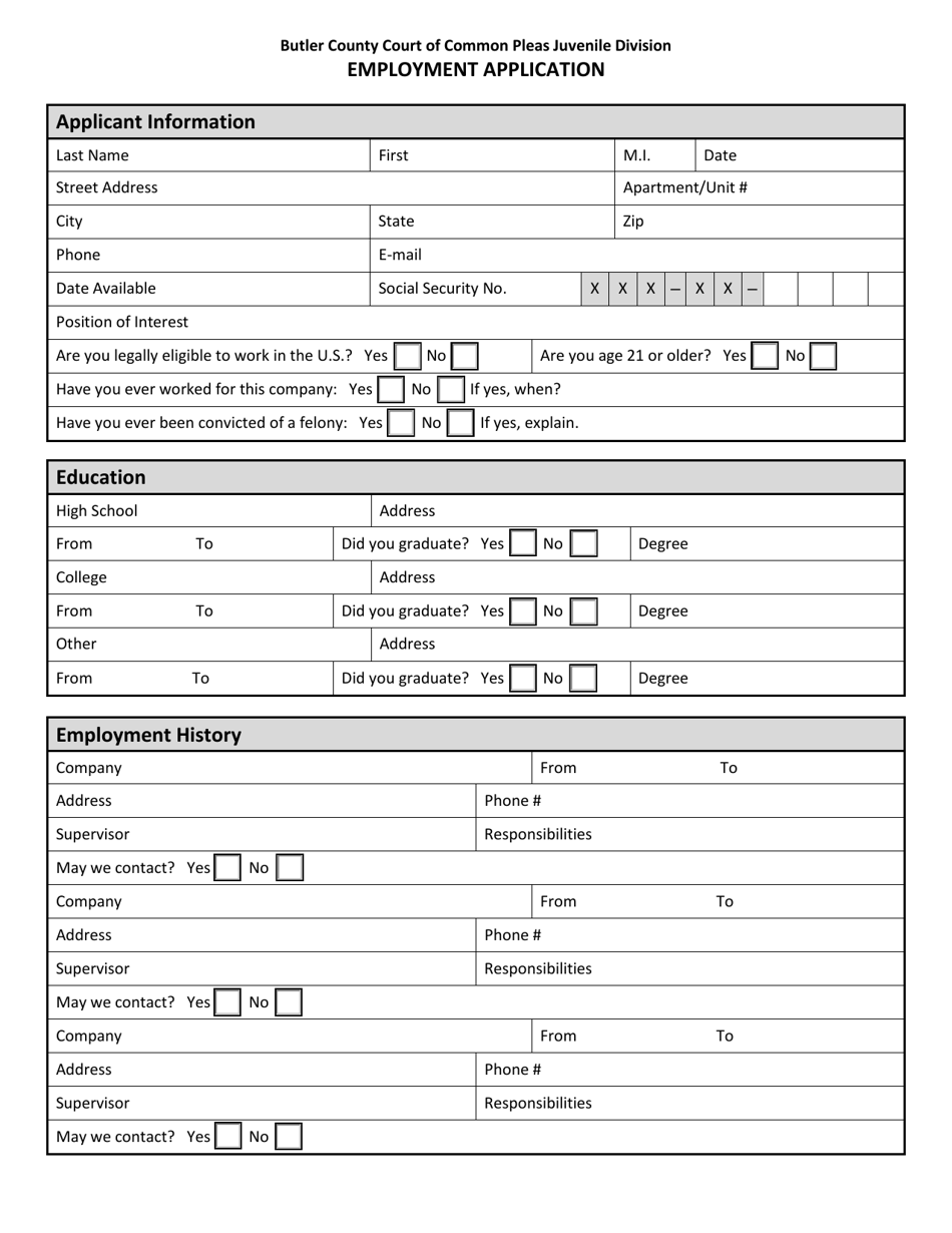 Butler County, Ohio Employment Application Download Fillable PDF