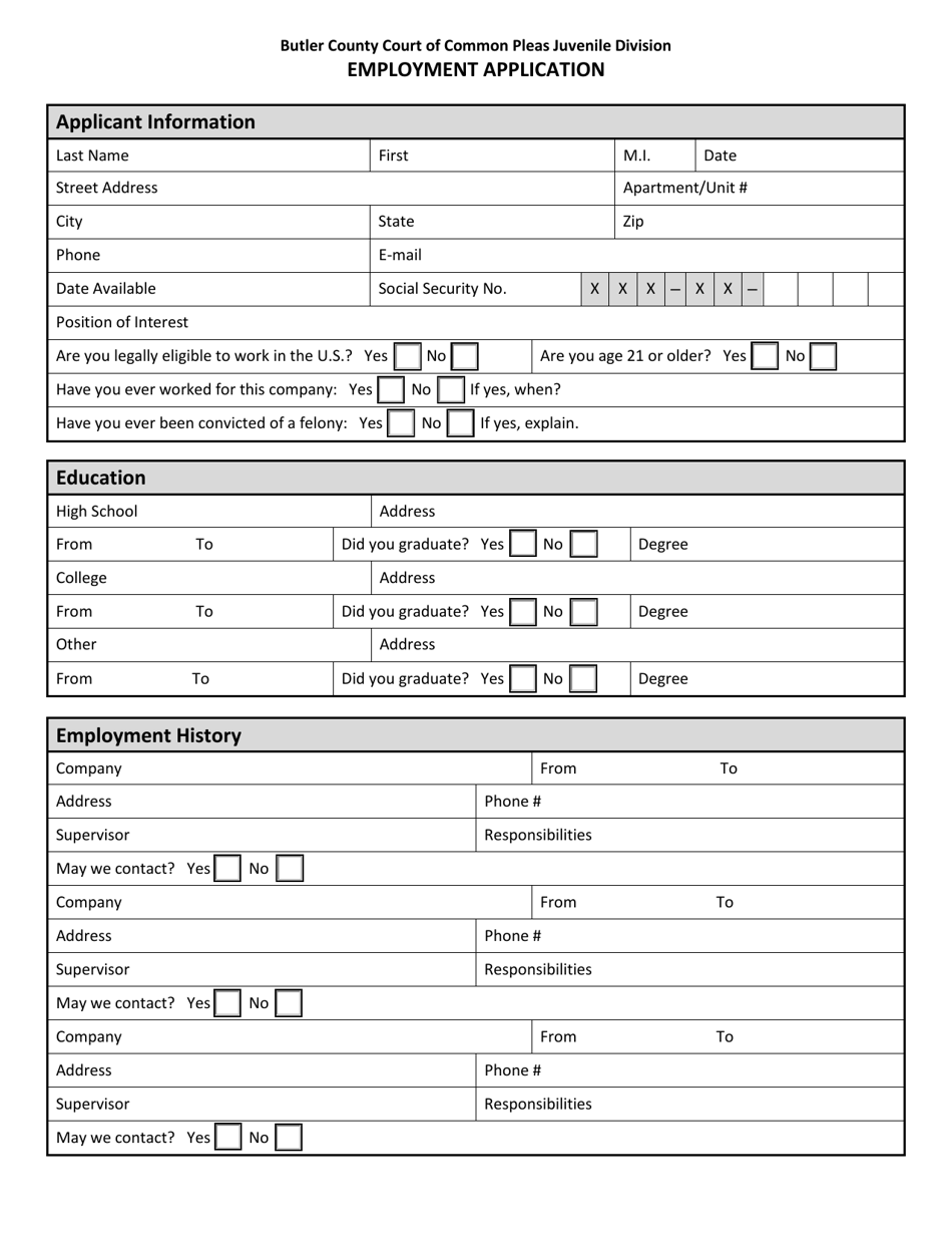 Employment Application - Butler County, Ohio, Page 1