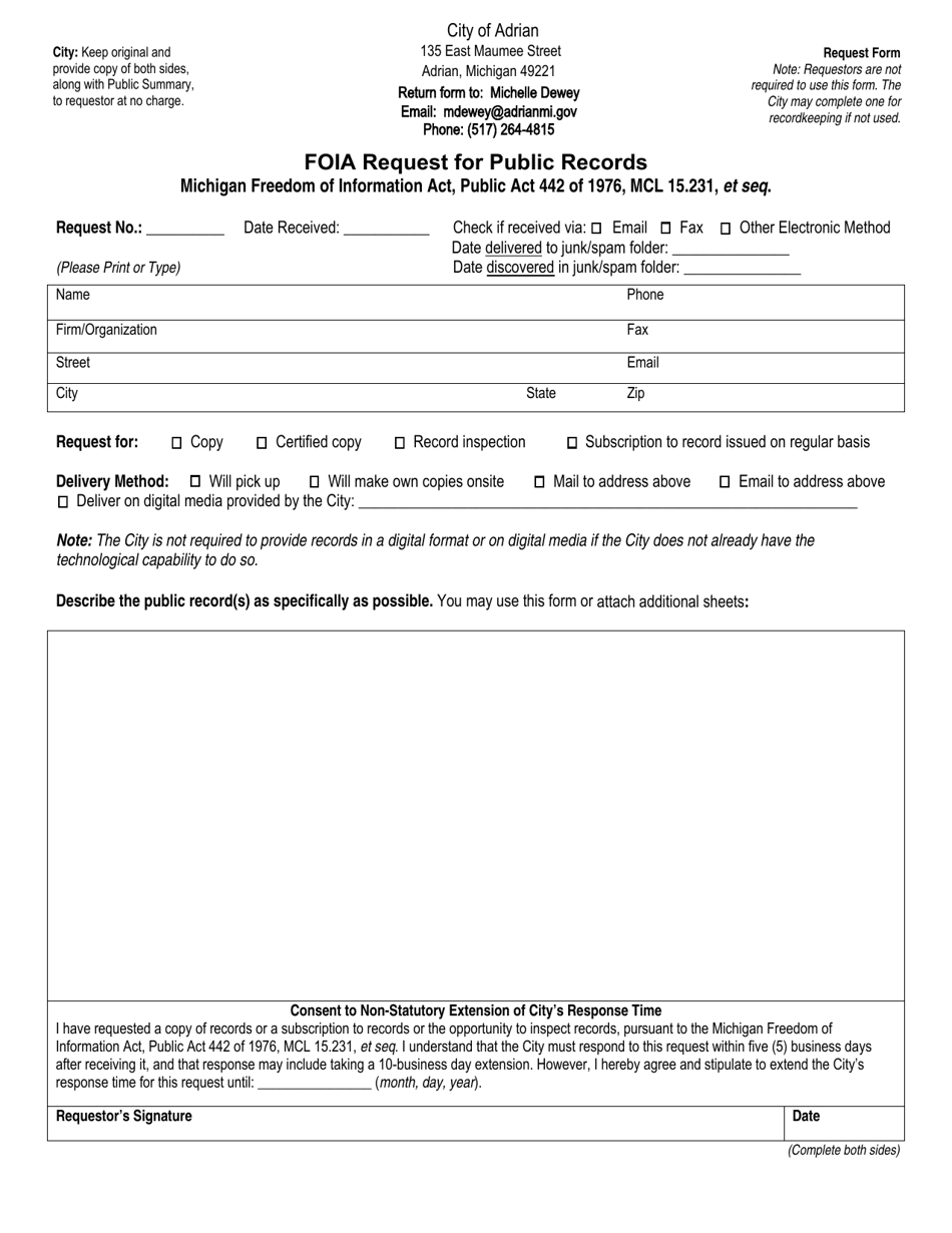 Foia Request for Public Records - City of Adrian, Michigan, Page 1