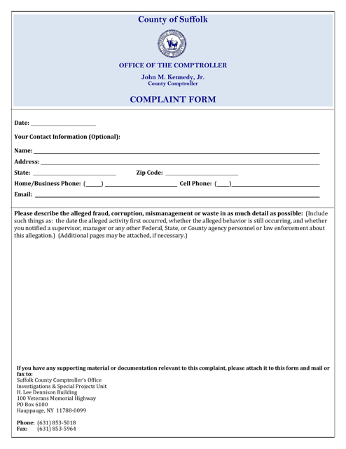 Complaint Form - Suffolk County, New York Download Pdf