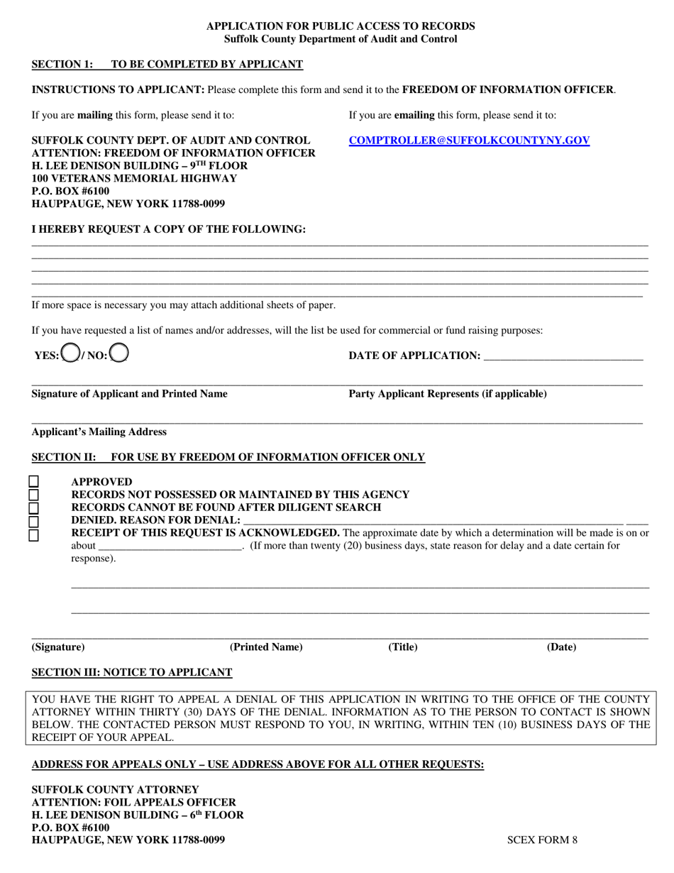 SCEX Form 8 Application for Public Access to Records - Suffolk County, New York, Page 1