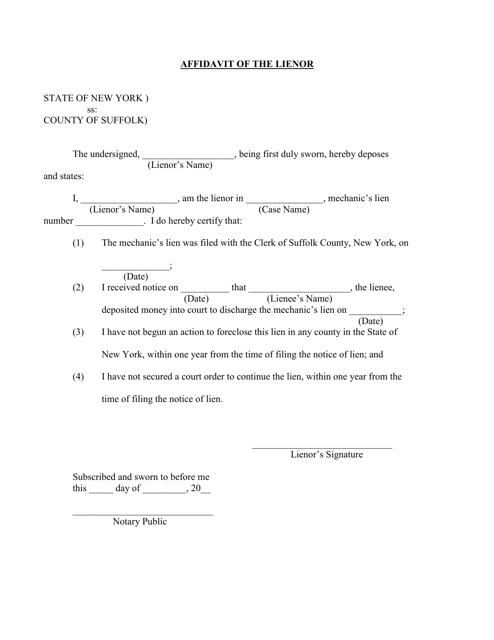 Affidavit of the Lienor - Suffolk County, New York Download Pdf