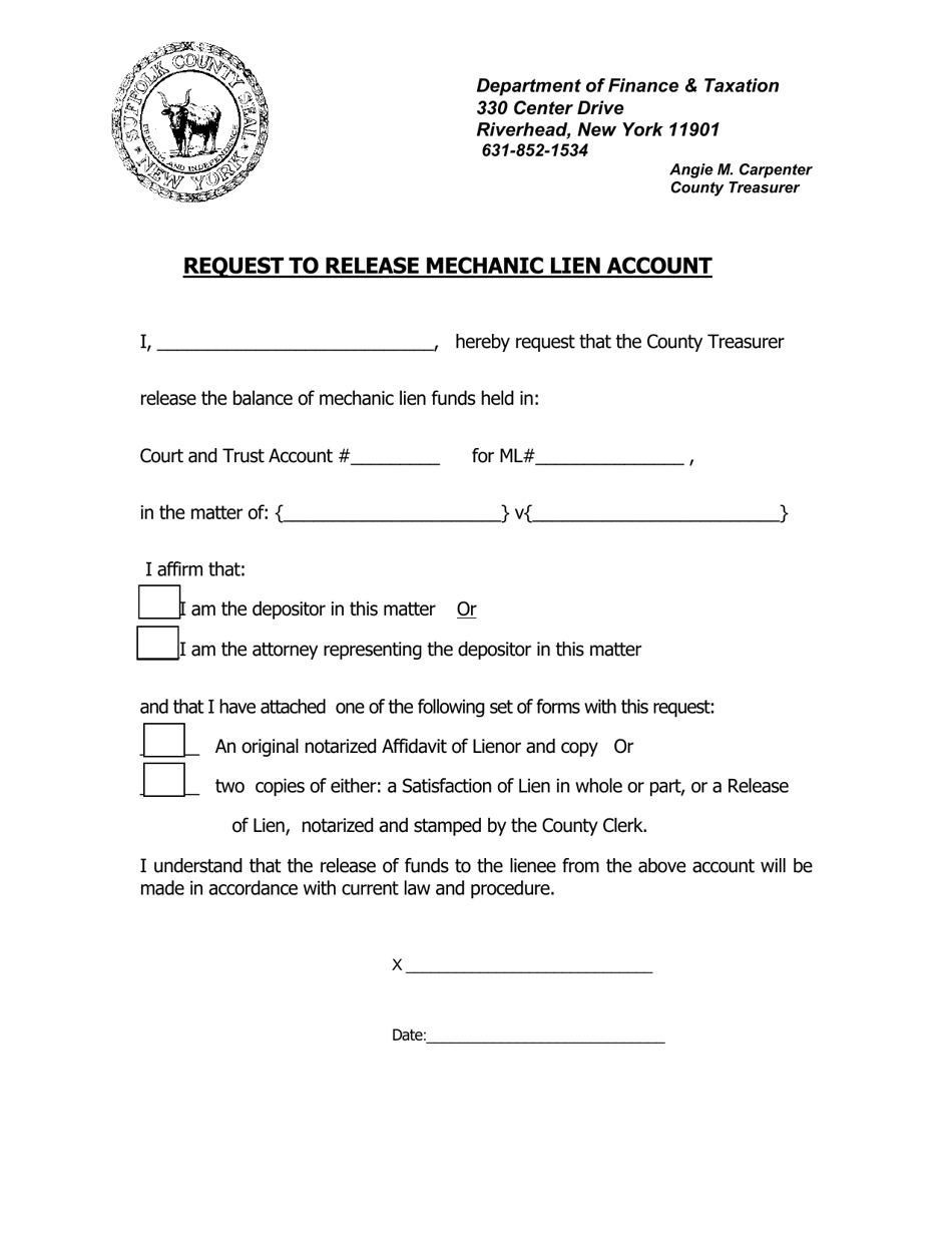 Request to Release Mechanic Lien Account - Suffolk County, New York, Page 1