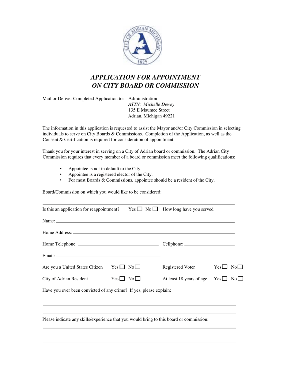 City of Adrian, Michigan Application for Appointment on City Board or